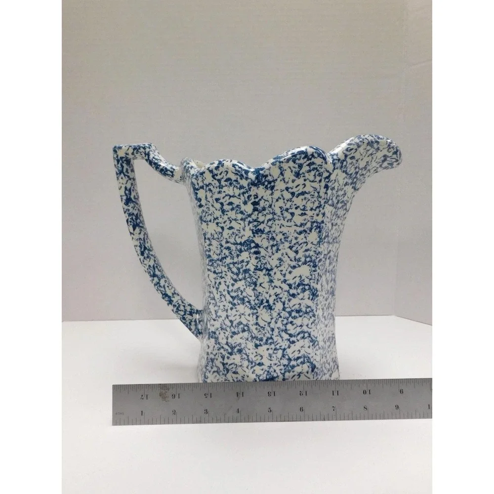 Vtg McCoy Blue and White Sponge Splatter ware Ceramic Pitcher Scalloped Edge DW8